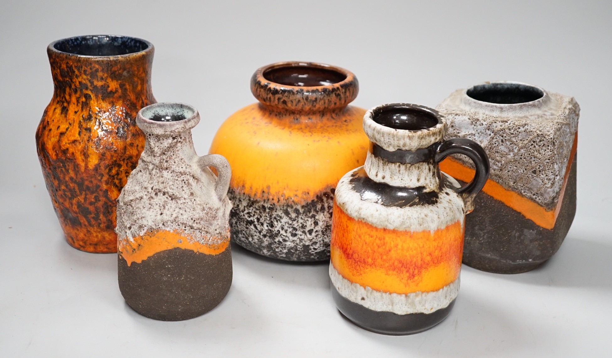 Five West German art, two Strehla Keramik and Fat lava and Bay Keramik pottery vases, Dümler & Breiden, Scheurich, tallest 18cm